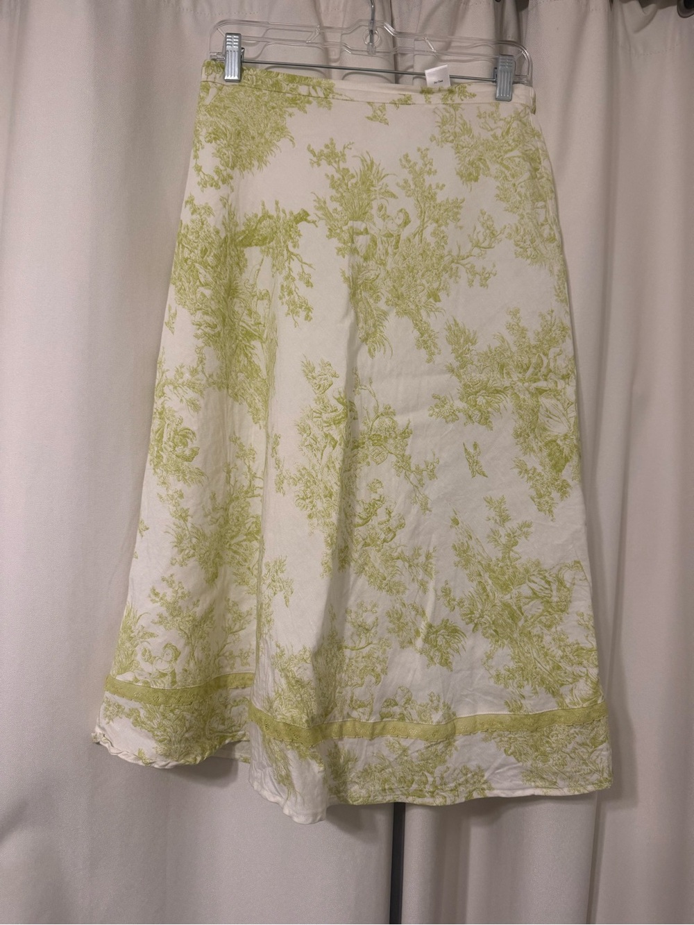 Coldwater Creek White and Green Toile Print Midi Skirt with Lace Detail Size 12